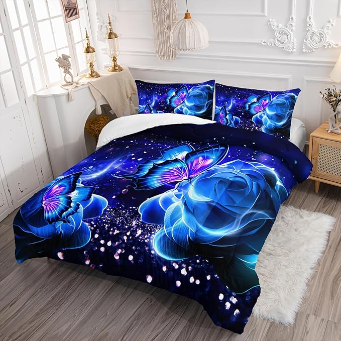 Galaxy Butterfly Comforter Set Full Size for Girls Kids Adults Butterfly Rose Bedding Set Aesthetics Butterflies Quilt Bed Set with 1 Comforter and 2 Pillowcases