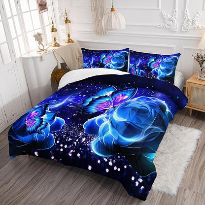 Galaxy Butterfly Comforter Set Queen Size for Girls Kids Adults Butterfly Rose Bedding Set Aesthetics Butterflies Quilt Bed Set with 1 Comforter and 2 Pillowcases