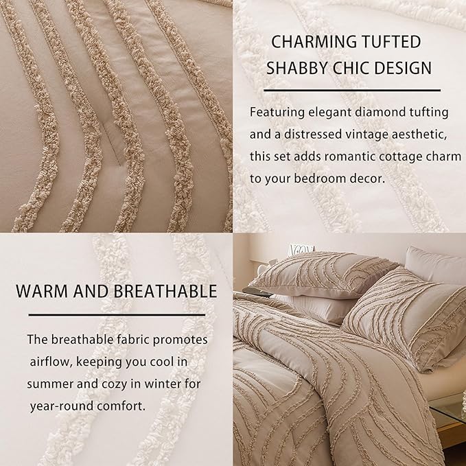 Khaki Queen Comforter Set - 7 Pieces Bed in a Bag, Premium Comforters Queen Size Bed Set Tufted Shabby Chic Bedding Comforter Set with Flat Sheet, Fitted Sheet and Pillowcases,Khaki