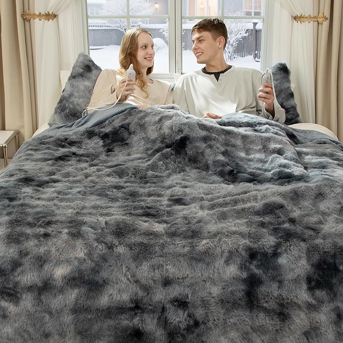 Faux Fur King Size Heated Blanket 100"X90" - Bubble Faux Fur Electric Blanket Fluffy Soft Thick with 6 Heating Levels & 10 hrs Timer Settings, Washable & ETL Certified for Bed, Tie-Dye Blue