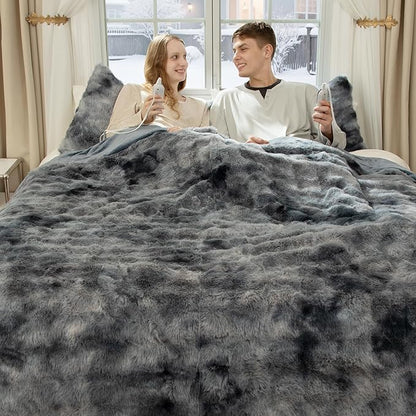 Faux Fur King Size Heated Blanket 100"X90" - Bubble Faux Fur Electric Blanket Fluffy Soft Thick with 6 Heating Levels & 10 hrs Timer Settings, Washable & ETL Certified for Bed, Tie-Dye Blue