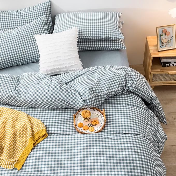 mixinni Blue Gingham Comforter Set King, Plaid Comforter Set 3 Pieces 1 Blue Grid Comfoter with 2 Pillow Cases for All Seasons, Soft Fluffy Modern Grid Pattern Printed Bedding-King Size