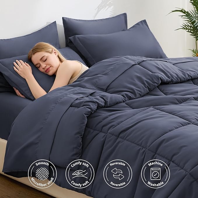 Love's cabin Twin XL Comforter Set Indigo Blue, 5 Pieces Twin XL Bed in a Bag, All Season Bedding Sets with 1 Comforter, 1 Flat Sheet, 1 Fitted Sheet, 1 Pillowcase and 1 Pillow Sham