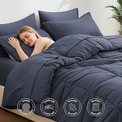 Love's cabin California King Comforter Set Indigo Blue, 7 Pieces California King Bed in a Bag, All Season Bedding Sets with 1 Comforter, 1 Flat Sheet, 1 Fitted Sheet, 2 Pillowcase and 2 Pillow Sham