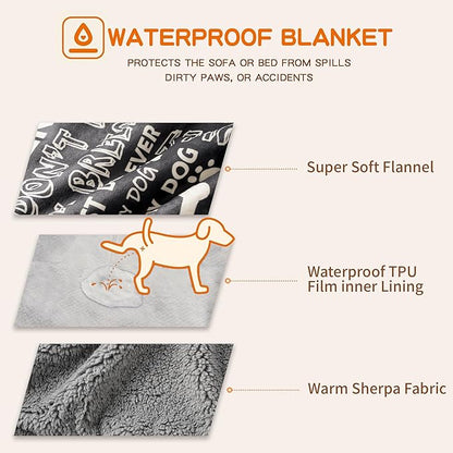 Waterproof Dog Blankets Pet Blanket 60"x80", Soft Fluffy Sofa Car Bed Protector, Reversible Sherpa Fleece Dog Blanket for Large Dogs (Letters)