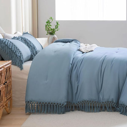 Andency Grayish Blue Comforter Set Queen, 3 Pieces Boho Tassel Lightweight Soft Bedding Comforter Sets, All Season Fluffy Fringe Bed Set (90x90In Comforter & 2 Pillowcases)