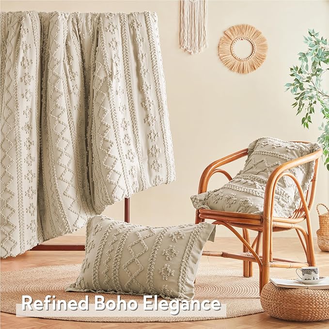 MR&HM Tufted Boho Comforter Set Queen, Linen Farmhouse Bedding Set, Bed in a Bag Set 7 Pieces with 1 Comforter, 2 Pillow Shams, 2 Pillowcases, 1 Flat Sheet, 1 Fitted Sheet for All Seasons