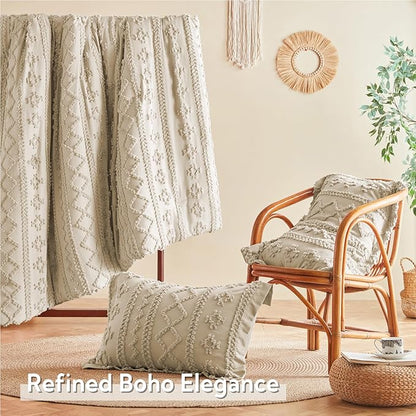 MR&HM Tufted Boho Comforter Set Full Size, Linen Farmhouse Bedding Set, Bed in a Bag Set 7 Pieces with 1 Comforter, 2 Pillow Shams, 2 Pillowcases, 1 Flat Sheet, 1 Fitted Sheet for All Seasons