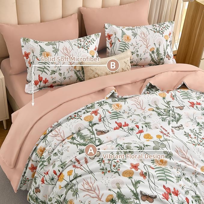 Yiran 7 Piece Floral Comforter Set King Size, Pink Green Summer Comforter Bedding Set, Botanical Bed in a Bag with Flowers Pattern, Soft Microfiber Complete Bedding Set with Sheets for All Season