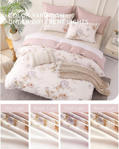 Vintage Natural Cotton Comforter Queen Size 3Pcs - Brown & Lilac Gray Branches and Soft Blush Flowers on Off-White, Lightweight Reversible Floral Bedding Sets(Full/Queen,90"×90")