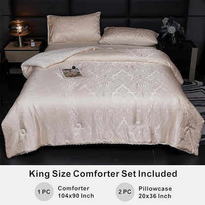Jacquard Comforter Set - Luxury Warm Paisley Floral Pattern King Size Bedding with 2 Pillowcases All-Season Soft & Lightweight 3D Bubble Design Bed Set (104x90 Inches Rose Gold)