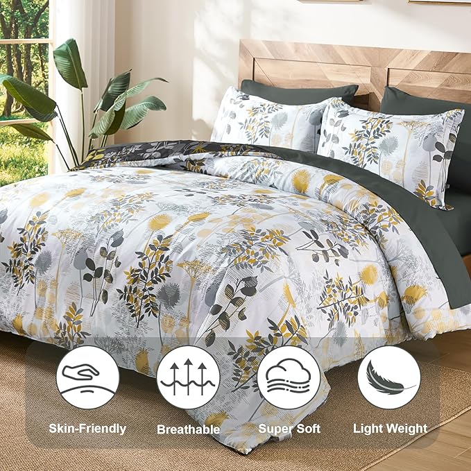 Anibedding 7Pieces King Size Comforter Set, Grey Botanical Bed in a Bag Complete Set with Sheet Pillowcase for Bedroom All Season