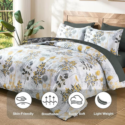 Anibedding 7Pieces Queen Comforter Set, Grey Botanical Bed in a Bag Complete Set with Sheet Pillowcase for Bedroom All Season