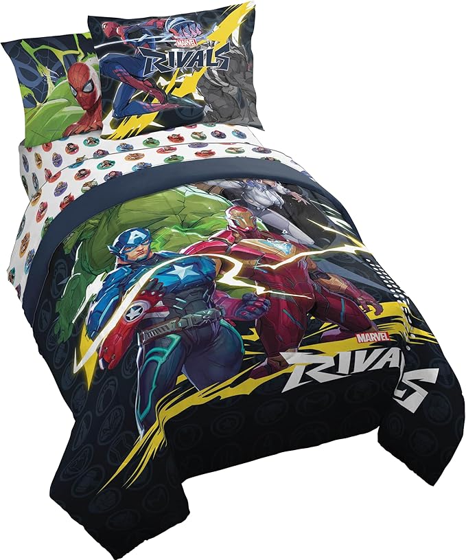 Jay Franco Kids Comforter Set Includes Sheets and Pillow Covers - Soft and Cozy Bed Set for Stylish Room Decor, Official Licensed Bedding, Multi - Marvel Rivals, 5 Piece Twin