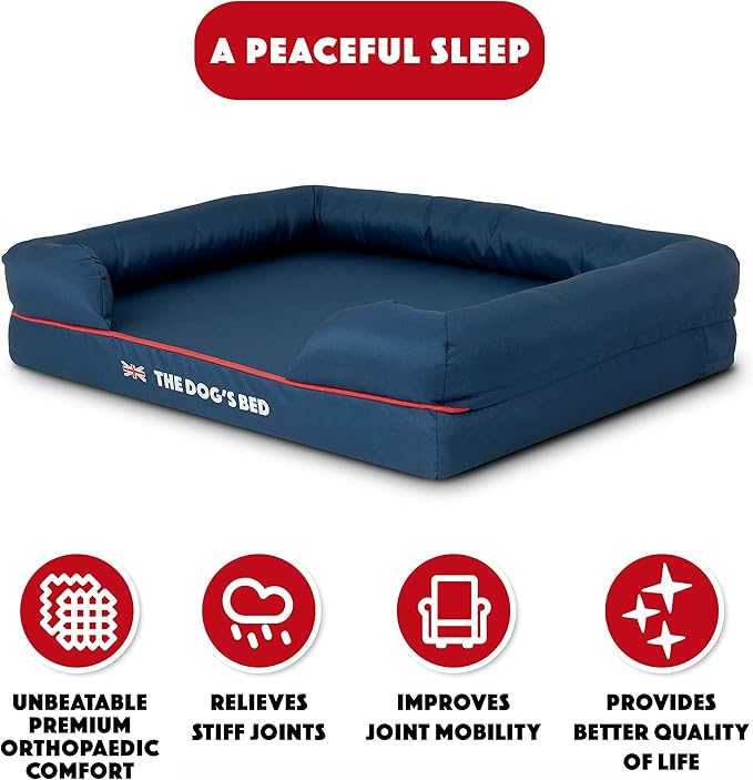 The Dog’s Bed Orthopedic Memory Foam Dog Bed with Bolsters, Oxford Fabric, Blue with Dark Red Trim, M
