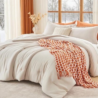 MUXHOMO Beige Oversized King Comforter Sets, All Season Ultra Soft Down Alternative Bedding - 3 Piece Lightweight Bed Set Includes 1 Comforter (120"x98") and 2 Pillow Shams (20"x36")