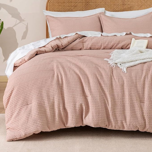 PHF Soft Waffle Comforter Set King Size- Comfy Breathable Waffle Weave Comforter with 2 Pillow Shams, 3 Pieces Less Snagging Lightweight Textured Bedding Set for All Season, Rose Pink