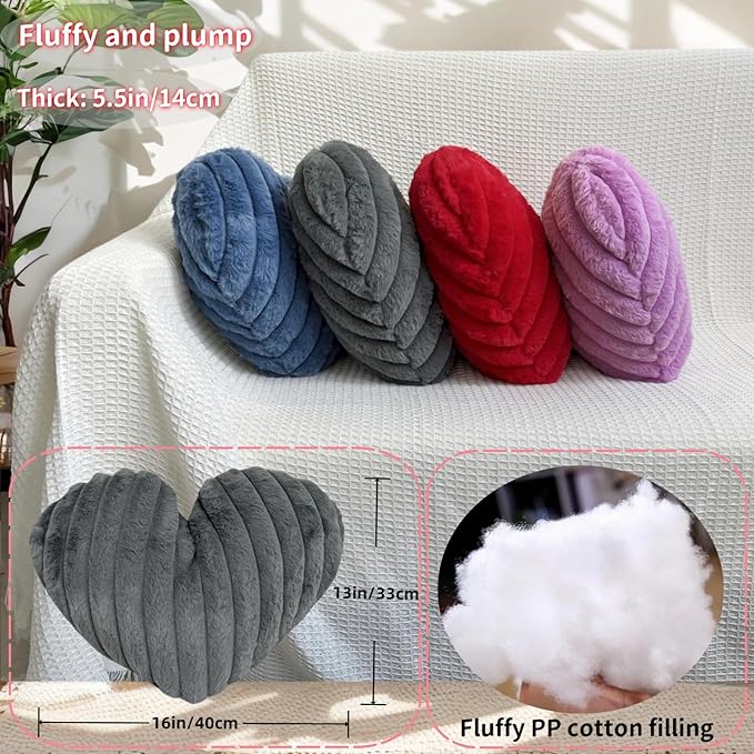 16 Inch Heart Pillow Cute Soft Decorative Throw Pillows, Heart Shaped Fluffy Faux Fur Pillows Cushions for Couch Sofa Bed Bedroom Room Home Decor Aesthetic (2, Red, Medium-16 x13)