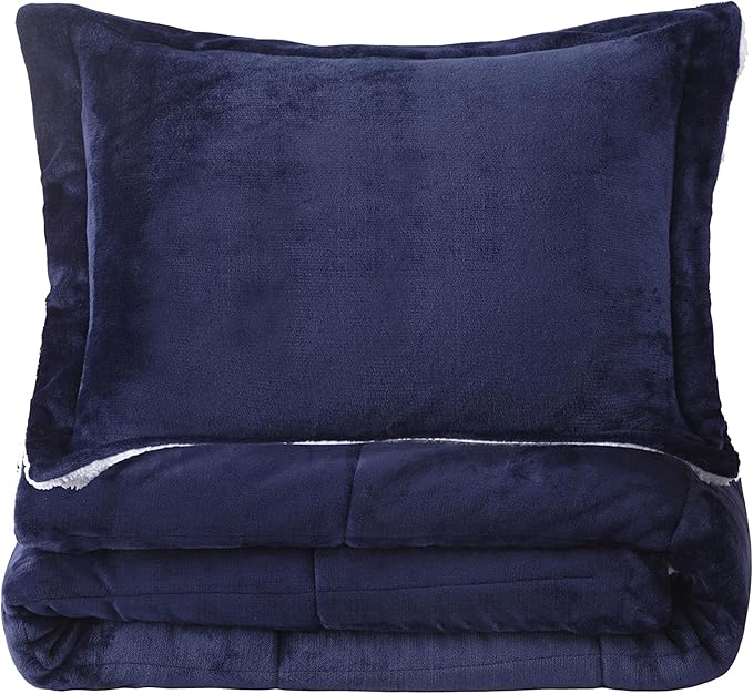 Seward Park Navy Blue Sherpa Comforter Set Twin XL Size, All Season Soft Warm Fleece Fall Blanket, Winter College Dorm Bedding Sets with 1 Pillow Sham