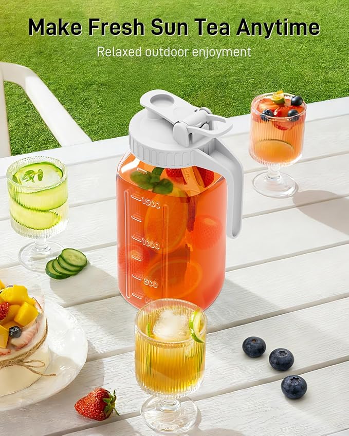 64 oz Glass Pitcher with Lid, Large Wide Mouth Mason Jar with Pour Spout, White Sun Tea Glass Jar for Outside, Breastmilk Pitcher Great for Drink, Cold Beverages and Breast Milk