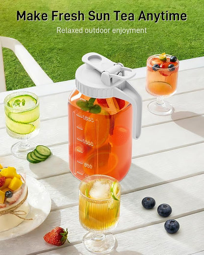 64 oz Glass Pitcher with Lid, Large Wide Mouth Mason Jar with Pour Spout, White Sun Tea Glass Jar for Outside, Breastmilk Pitcher Great for Drink, Cold Beverages and Breast Milk