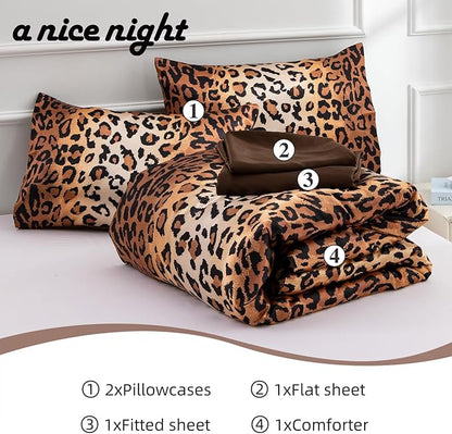A Nice Night Leopard Printed,Silver Grey Satin Silky Soft Quilt Sexy Luxury Super Soft Microfiber Comforter Quilt Bedding 5PCS Comforter Set, Light Weighted (Coffee, Queen(88-by-88-inches))