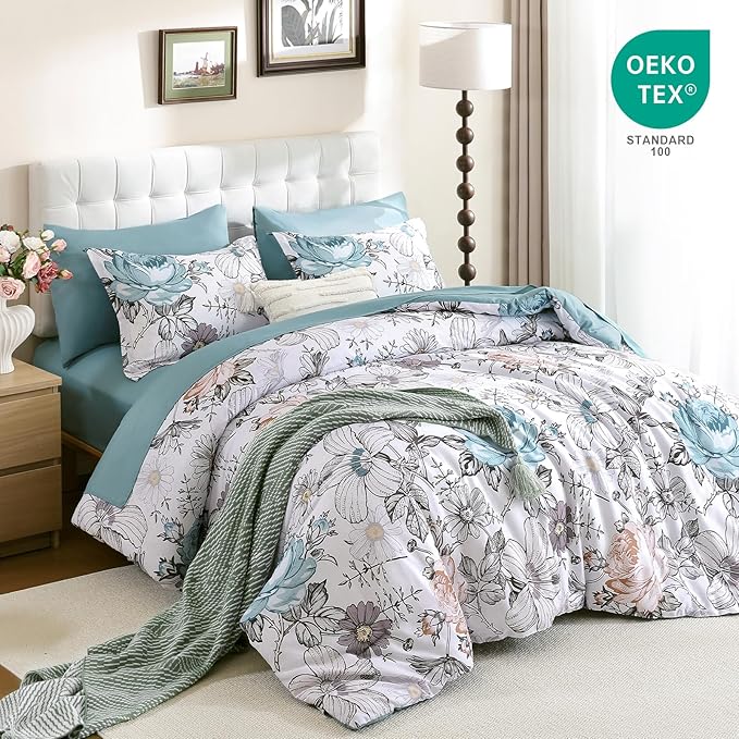 Luxudecor King Comforter Set 7 Pieces Bedding Sets,Teal Blue Floral Comforter and Sheet Set,Soft Microfiber Bed in a Bag for All Seasons (Teal Blue,104"x90")