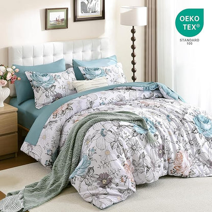 Luxudecor Queen Comforter Set 7 Pieces Bedding Sets,Teal Blue Floral Comforter and Sheet Set,Soft Microfiber Bed in a Bag for All Seasons (Teal Blue,90"x90")