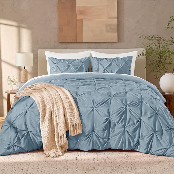Andency Queen Comforter Set Grayish Blue, 3 Pieces Pinch Pleat Bedding Comforters & Sets, Pintuck Lightweight Fluffy All Season Bed Set for Women Men Girls(90x90Inch)