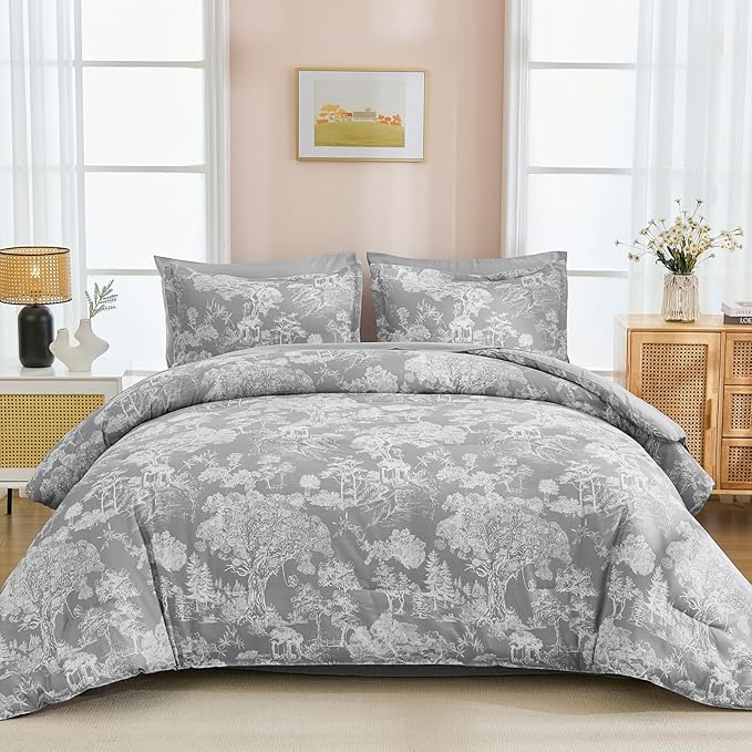 DJY Grey Comforter Set King, 7 Pieces Grey Botanical Comforters King Size Elegant Plants Print with Sheets Bed in a Bag Soft Microfiber Reversible Complete Bedding Sets for All Season