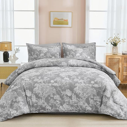 DJY Grey Comforter Set King, 7 Pieces Grey Botanical Comforters King Size Elegant Plants Print with Sheets Bed in a Bag Soft Microfiber Reversible Complete Bedding Sets for All Season