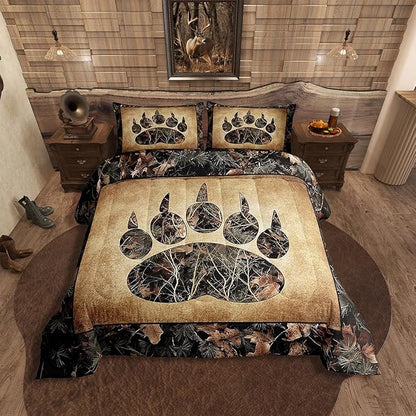 Erosebridal Rustic Farmhouse Bedding Sets Toddler Camo Bear Paw Comforter Set Woodland Hunting Camouflage Animal Bedding Comforter Sets for Kids Boys Adults Men,Retro Cabin Wildlife Quilt Set