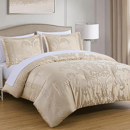Chezmoi Collection Valor 7-Piece California King Bed in a Bag, Champagne Luxury Jacquard Floral Comforter with Sheets Set for All Season