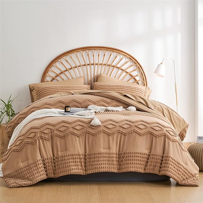 KAKIJUMN Khaki Tufted Comforter Set King Size 7 Piece Bed in a Bag, Shabby Chic Boho Comforter and Sheet Set, Pom Pom Textured Bed Set, All Season Soft Microfiber Complete Bedding Set(Khaki,King)
