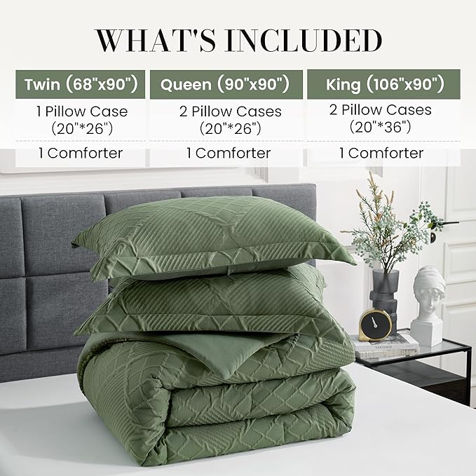 Amélie Home King Comforter Set, 3 Piece Green Jacquard Bedding Set with 2 Pillow Cases, Soft Microfiber Diamond Design, Lightweight All-Season for Bedroom & Dorm