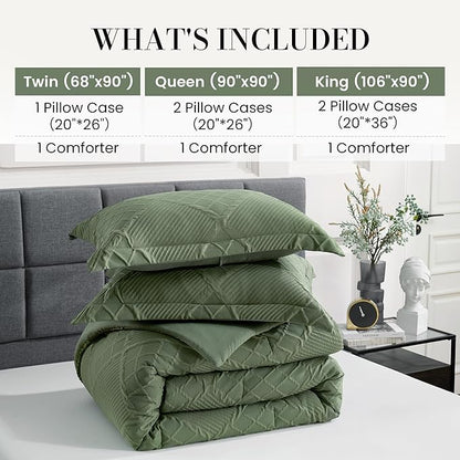Amélie Home Twin Comforter Set, 2 Piece Green Jacquard Bedding Set with 1 Pillow case, Soft Microfiber Diamond Design, Lightweight All-Season for Bedroom & Dorm