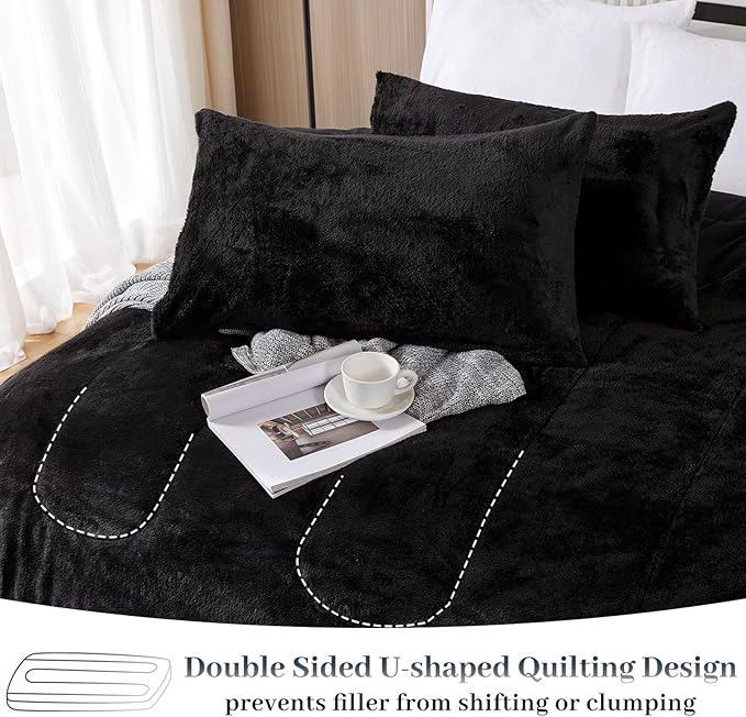 YIYEA Fluffy King Size Comforter Set, Luxury Faux Fur Comforter, Ultra Soft Plush Fuzzy Velvet Bedding Comforter Sets for Fall Winter, Cozy Warmth, No Shedding, 3PC, King, Black