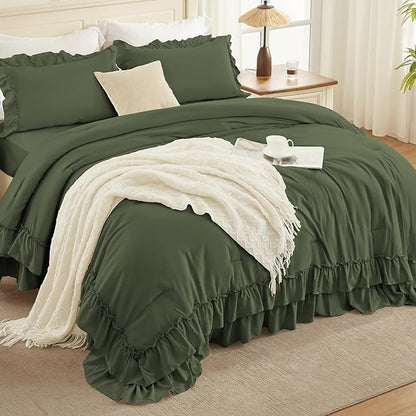 Andency Olive Green California King Comforter Set (104x96Inch), 3 Pieces Farmhouse Shabby Chic Ruffle Bedding Comforter Sets, Lightweight Fluffy Soft Microfiber All Season Bed Set