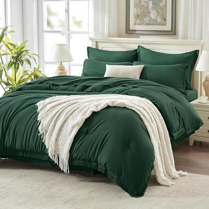 Andency Oversized King Comforter Set with Sheets 128x120 Dark Emerald Green - 7 Pieces Bed in a Bag Boho Soft Lightweight Bedding Set, Tassel Bed Set with Comforter, Sheets, Pillowcases & Shams