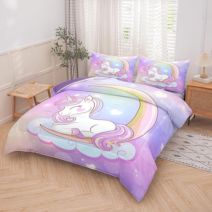 Tailor Shop Unicorn Girls Comforter Sets Full Size,Unicorn Purple Bedding Sets for Girls Kids Teens with 2 Pillowcase
