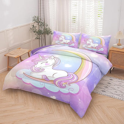 Tailor Shop Unicorn Girls Comforter Sets King Size,Unicorn Purple Bedding Sets for Girls Kids Teens with 2 Pillowcase