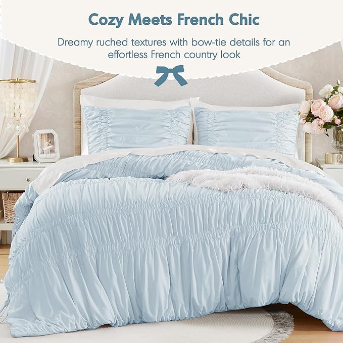 Intelligent Design Ruched Shabby Chic Comforters for Queen Size Bed, All Season Lightweight Comforter Queen, French Country Bedding Set, Sham, Ella, Full/Queen, Blue, 3 Piece