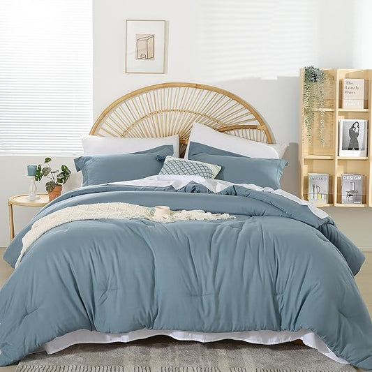 weigelia King Comforter Set Dusty Blue Bedding Comforter with 2 Pillowcases 7 Pieces Blue Color King Comforter Bedding Set for Women and Men King Bed Comforters Set Soft All Season