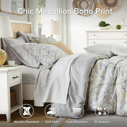Comfort Spaces Bed in A Bag Comforter Set - Trendy Casual Design Full Comforter with Complete Sheet Set with Side Pocket, All Season, Shams, Gloria, Full Grey/Yellow 9 Piece