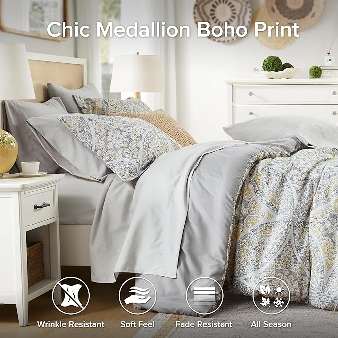 Comfort Spaces Bed in A Bag Comforter Set - Trendy Casual Design Queen Comforter with Complete Sheet Set with Side Pocket, All Season Comforter Queen, Shams, Gloria, Queen Grey/Yellow 9 Piece
