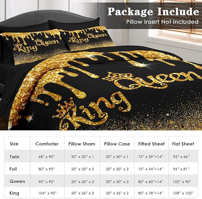 Comforter Set Full Size, King Queen Black Gold Crown 7 Pcs Bedding for Kids and Adults, Royal Love Bed Sheet Sets with Fitted Sheet 2 Pillowcases & 2 Shams for Bedroom Bed Decor