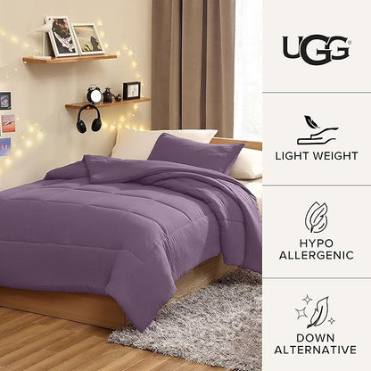 UGG Leonora Comforter Set with 1 Pillow Sham Lightweight Down Alternative Blanket Reversible All Season Washable and Hypoallergenic Bedding Set for College Dorm, Twin/Twin XL, Purple Shadow