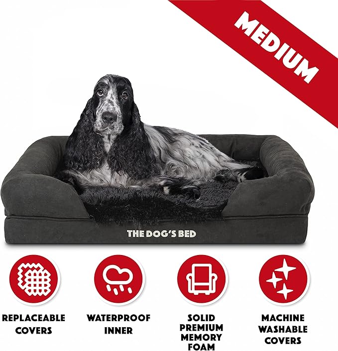 The Dog’s Bed Orthopedic Memory Foam Dog Bed with Bolsters, Fur Fabric, Black Fur, M