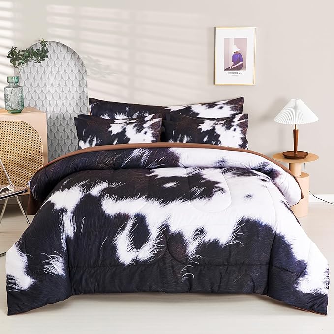 SUCSES 8 Pieces California King Comforter Set with Sheets, Cal King Size Cow Fur Print Bedding Set for Kids Teens Boys Girls, Western Style Highland Cowhide Farmhouse Bed in A Bag