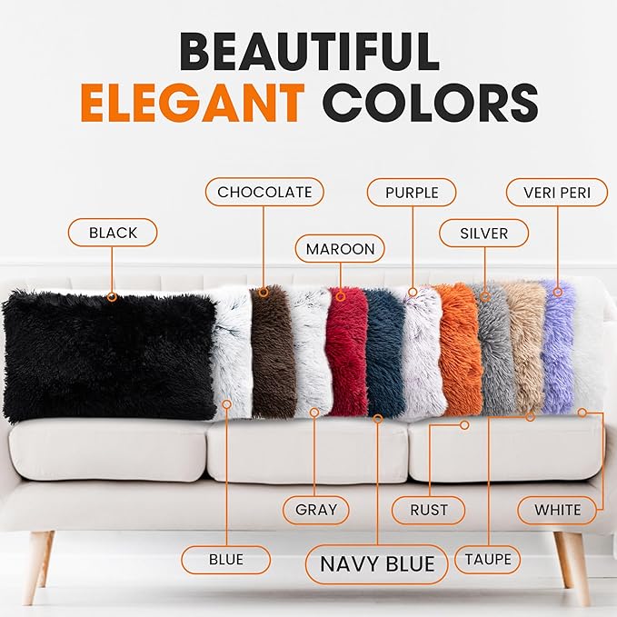 Cheer Collection Throw Pillows for Couch and Bed, Soft Shaggy Throw Pillows with Inserts Included, Cozy Long Hair Faux Fur Pillows - Set of 2-12" x 20" - Navy Blue